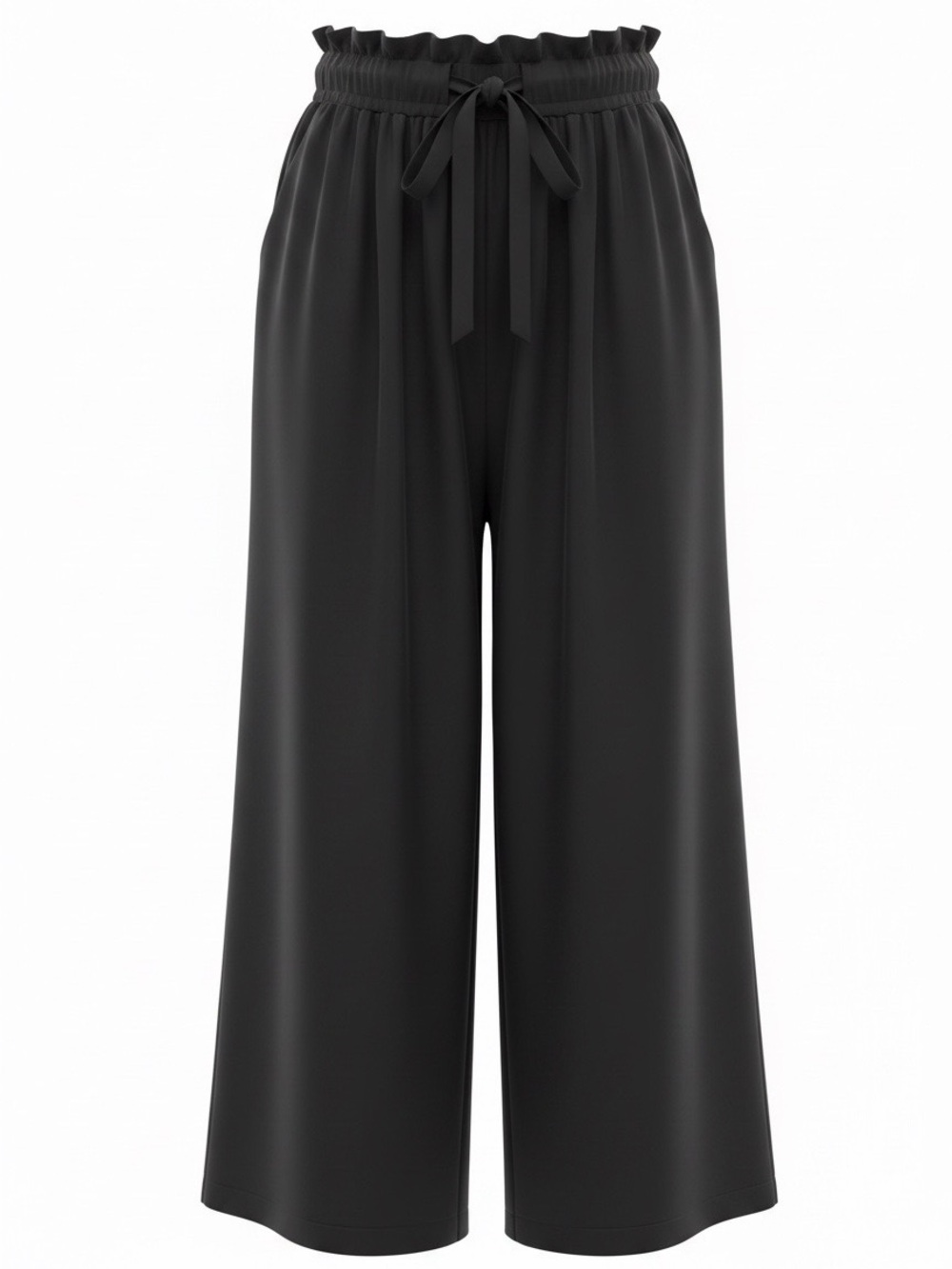 Wide Leg Black Pull-On Pants with Ruffle Waist